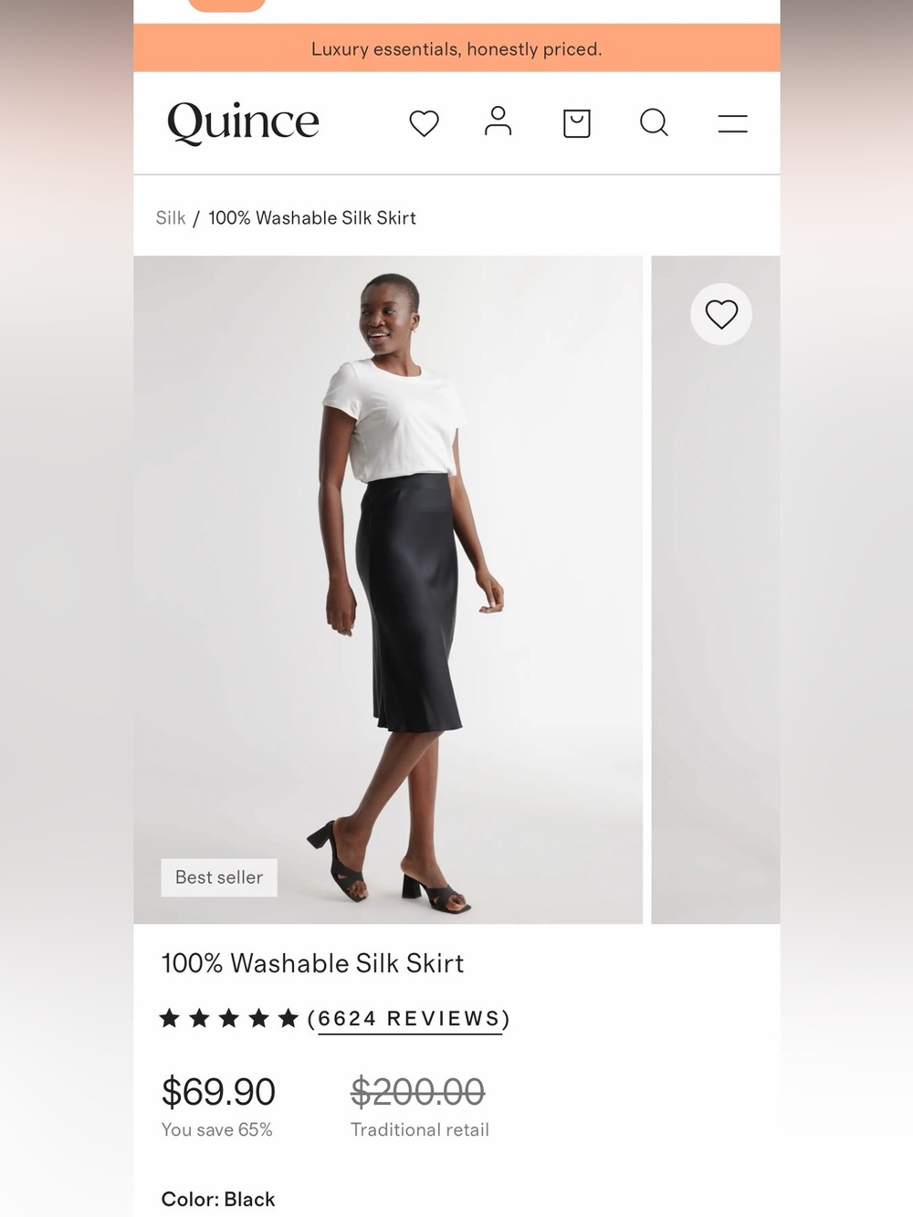 Quince Black Washable Silk Midi Skirt